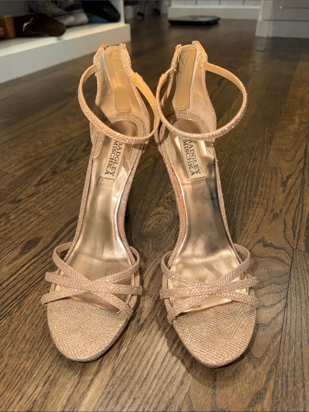 Badgley Mischka Rose Gold Glitter Strap Heels